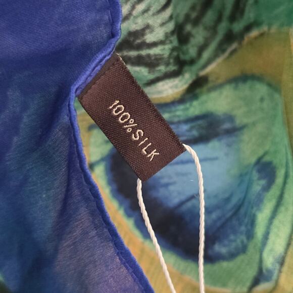 Silk Peacock Feather Print Scarf Green Blue Silk Wrap Shawl Lightweight Boho - Picture 6 of 8